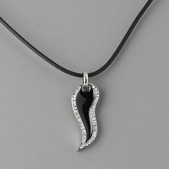 Edgy Austrian Crystal Black Enamel Pendant Rubber Cord Necklace - Picture 1 of 2